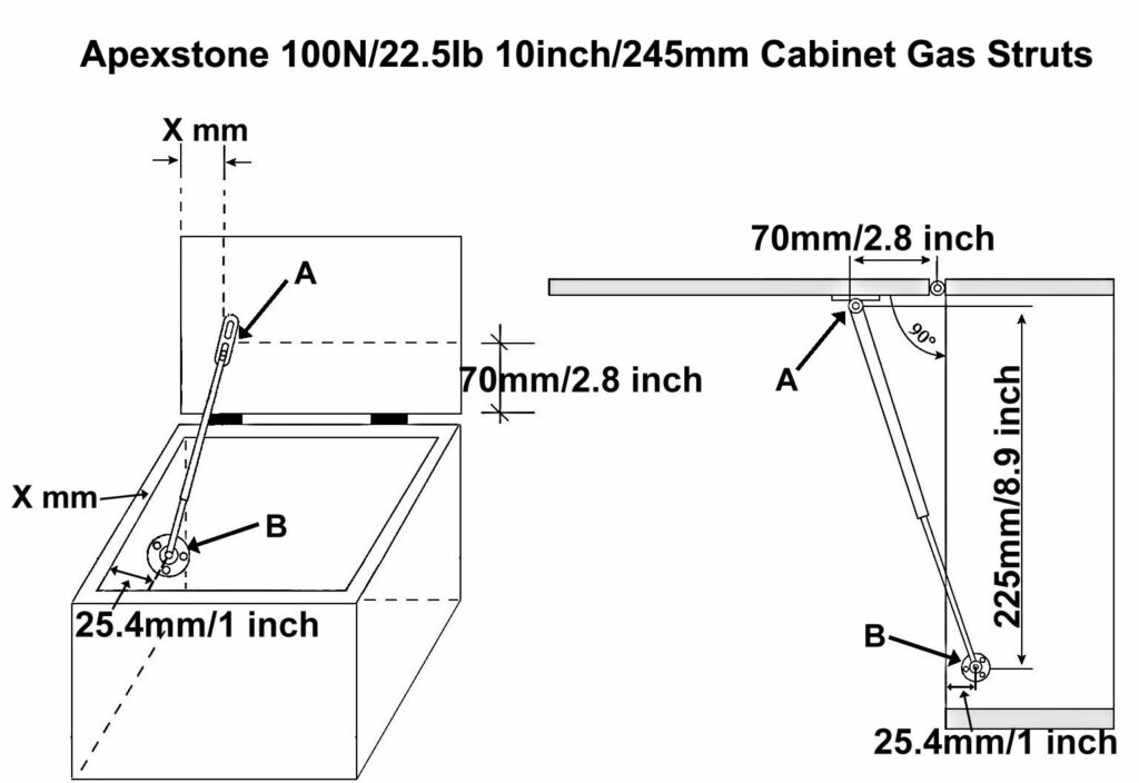 100N 10inch gas springs mounting guide, telling how to install gas struts on a lid