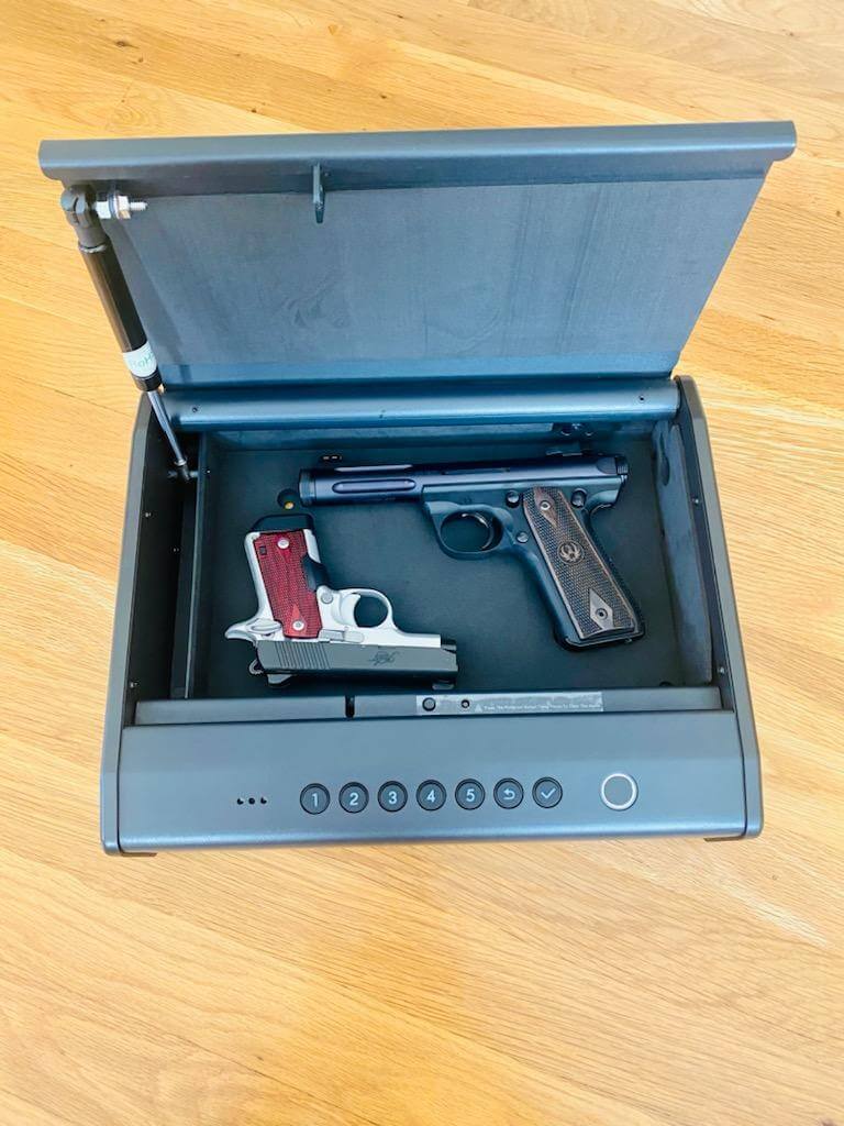 Roomy safe. Easily fits 2 full size handguns and magazines. I’d recommend it if you have two pistols or 3 compact guns.